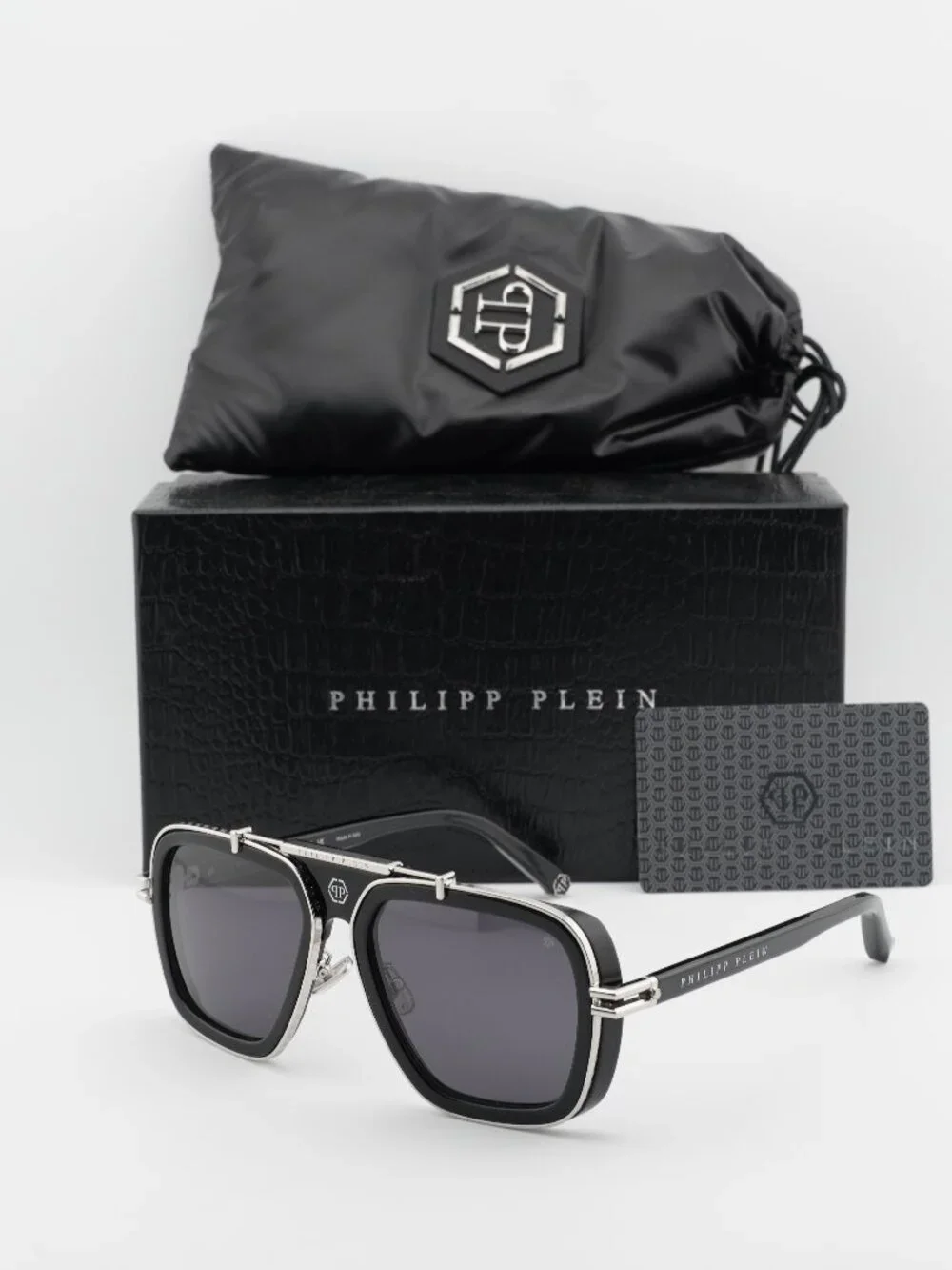 Philipp Plein SPP109M 0700 Aviator Sunglasses – Shiny Black/Grey